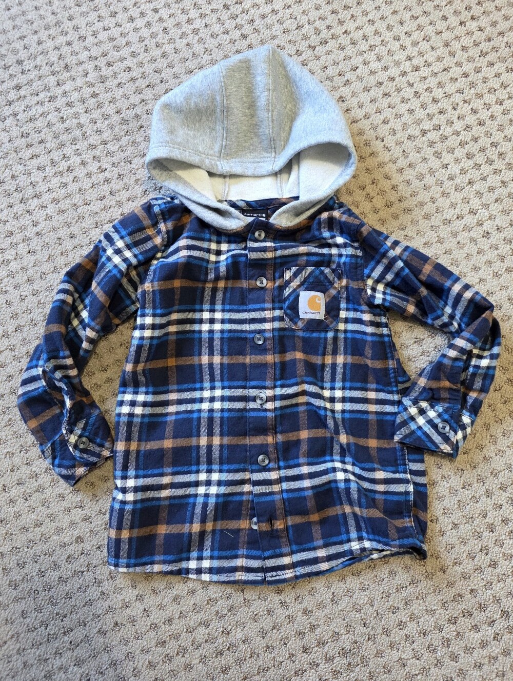 Carhartt Boys' Blue, Brown & White Plaid Hooded Button-Down Shirt
